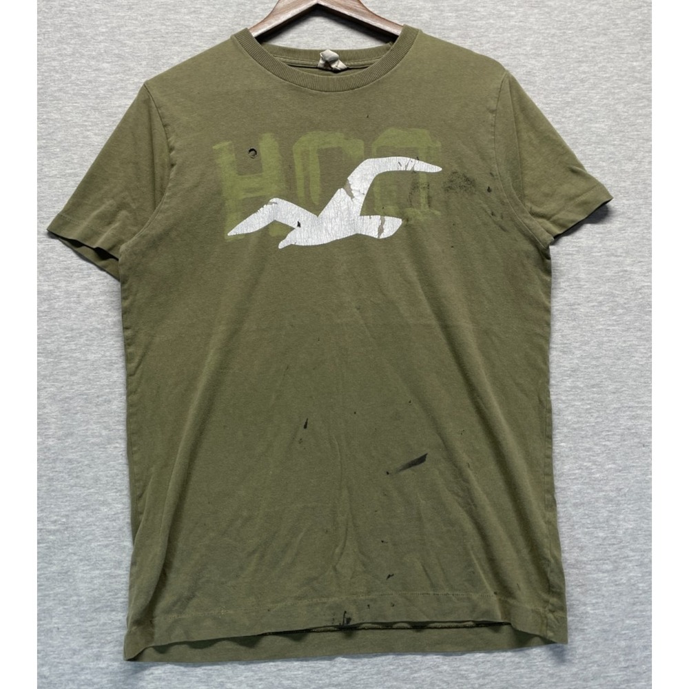 Hollister T-Shirt Mens Medium Olive Green Seagull Logo Crew Neck Everyday Wear